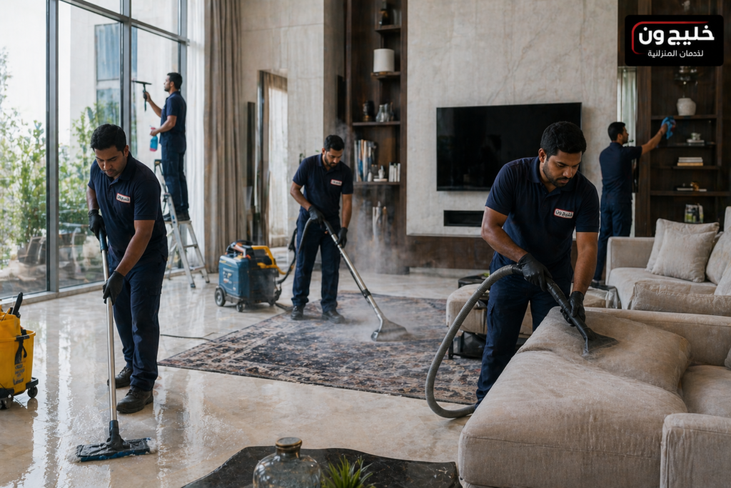 شركة تنظيف قطر فريق عمل محترف لتنظيف المنازل يشمل الأرضيات والسجاد والكنب والزجاج بخدمة تنظيف منازل قطر من خليج ون