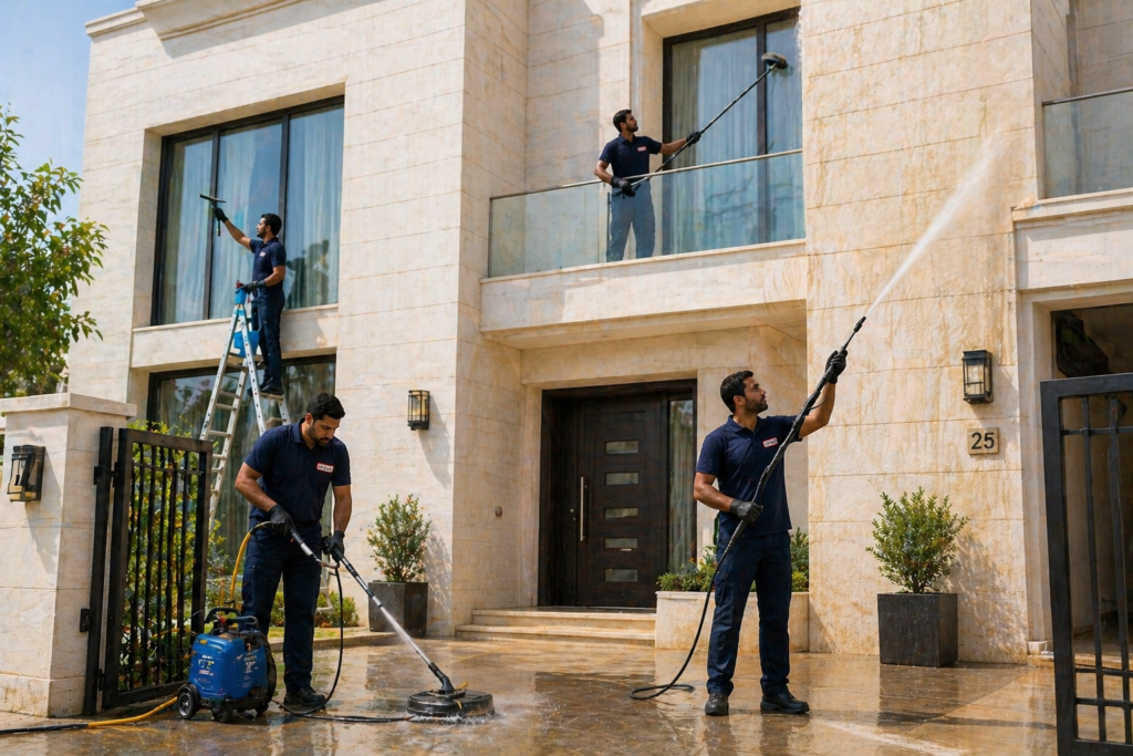 شركة تنظيف قطر تنظيف واجهات المنازل والزجاج الخارجي والأرضيات الخارجية وتنظيف الحوائط بخدمة احترافية من خليج ون