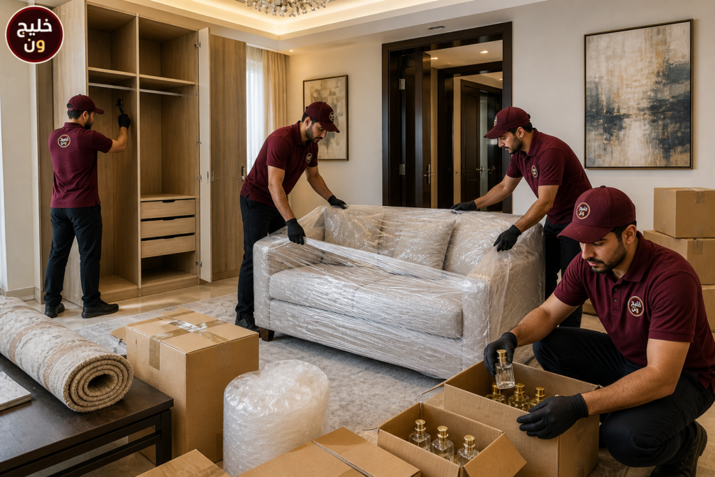 تغليف الأثاث والكنب وتجهيز الكراتين ضمن خدمات نقل عفش قطر من خليج ون