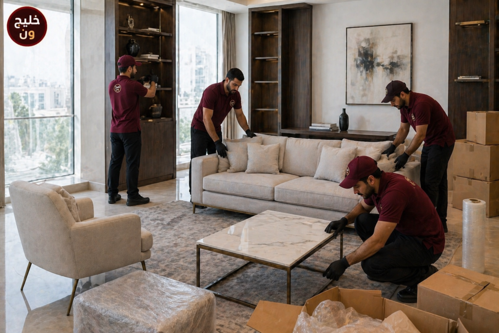 فريق عمل يقوم بتغليف الأثاث وفك الخزائن وتجهيز الكراتين قبل النقل في قطر