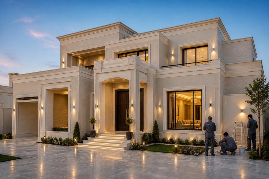 مقاولات عامة قطر فيلا حديثة جاهزة للسكن بعد تنفيذ أعمال البناء والتشطيب الكامل باحترافية من خليج ون