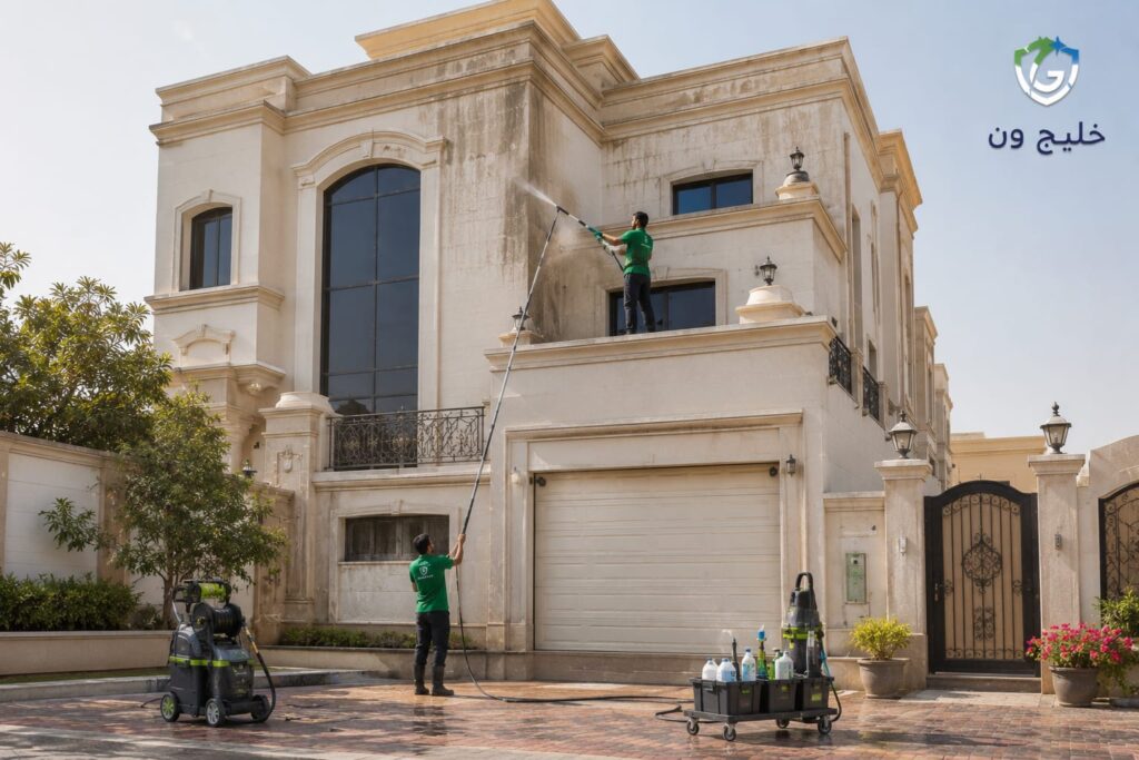 فريق شركة خليج ون لتنظيف المنازل في الفجيرة يقوم بتنظيف واجهة المنزل