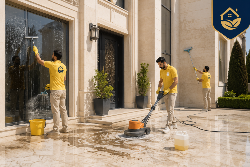 شركة خليج ون شركة تنظيف بالشارقة متخصصة في تنظيف المنازل والفلل والواجهات والزجاج والأرضيات بأحدث معدات التنظيف وفريق محترف