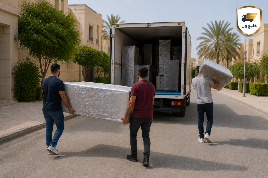 فريق خليج ون ينقل قطع الأثاث من الموقع إلى سيارة النقل استعداداً للانتقال بين المناطق مع تنفيذ العمل بطريقة منظمة وسلسة