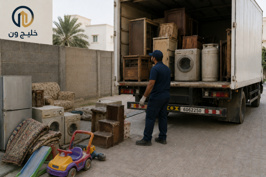 فريق خليج ون يقوم بتحميل الأثاث المستعمل في شاحنة مخصصة لإزالة الأثاث والتخلص منه في جميع مناطق الكويت